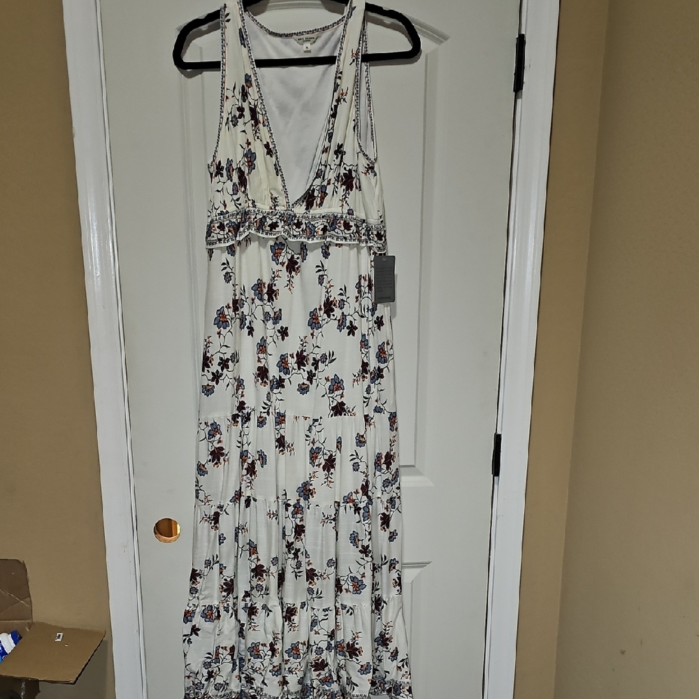 Max Studio Cream Floral Maxi Dress with Blue and Brown Accents